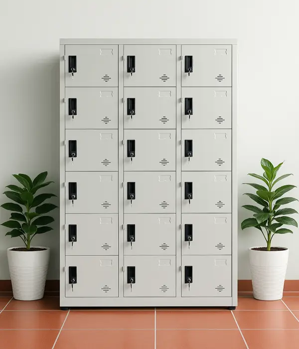 Tủ locker 18 ngăn bố trí trong khu thay đồ đông người